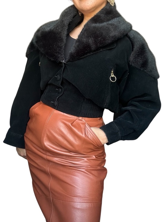 Jackets & Blazers - Faux Suede Cropped Jacket w/ Removable Faux Fur Collar | Luxe Statement- Small